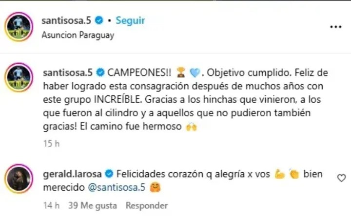 La mujer de Gallardo felicitó a Santiago Sosa por el logro: «Felicidades&nbsp;corazón»